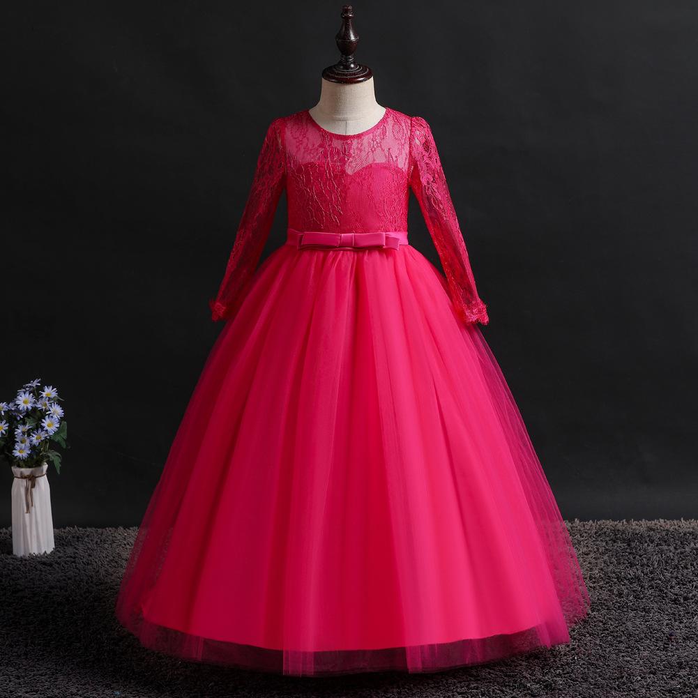 Girls' formal dress: long-sleeved lace puff-skirted princess dress for older children – perfect for emcees and performances