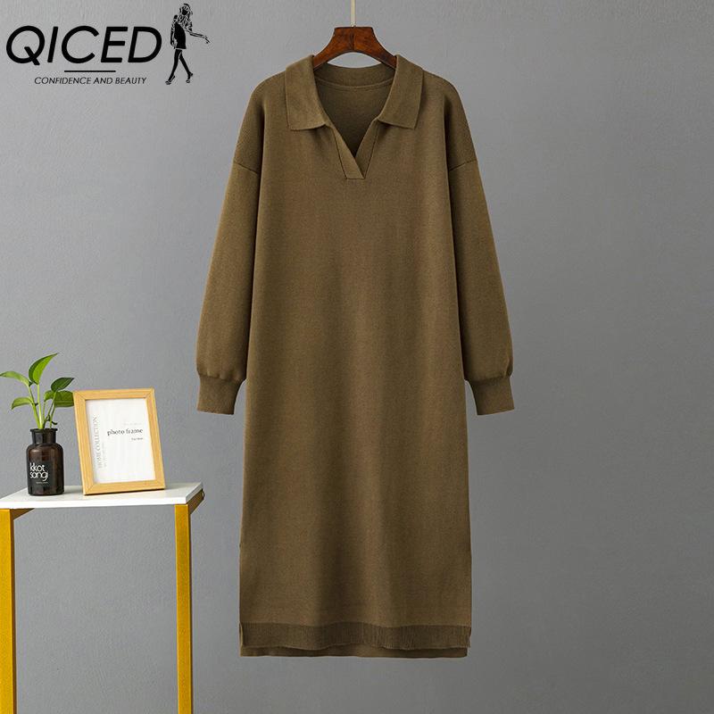 

QICED Женские осенне-зимние вязаные платья свободного кроя большого размера однотонные с воротником поло и подкладкой one size кофейный