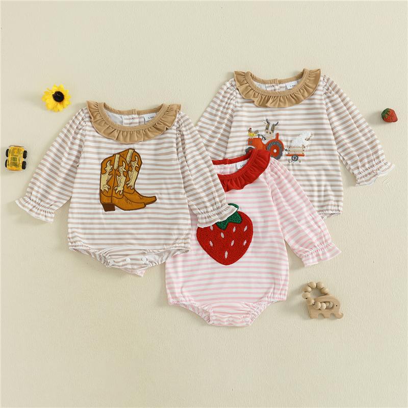 Newborn Baby Girl Fall Bubble Romper Stripe Print Strawberry Embroidery Long Sleeve Ruffled Round Neck Jumpsuit