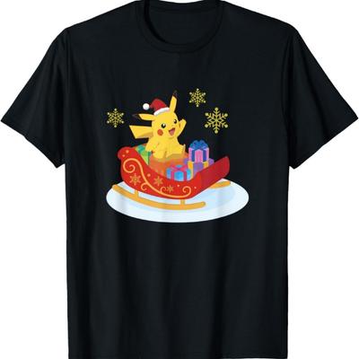 Pokémon Christmas Pikachu Sleigh Ride Snowflake Portrait T-Shirt