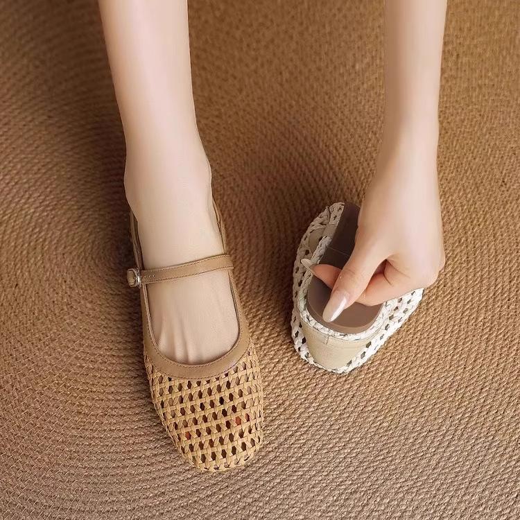 French woven hollow breathable flat-soled single shoes literary sweet hole shoes with soft leather soft-soled Mary Jane sandals