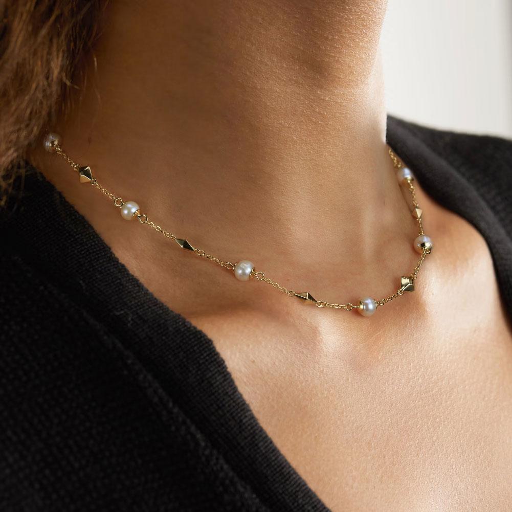 Rinntin Gold Plated Geometry Shape Clavicle Necklace with Pearls for Women Gold Ins Simple Necklace Fine Jewelry