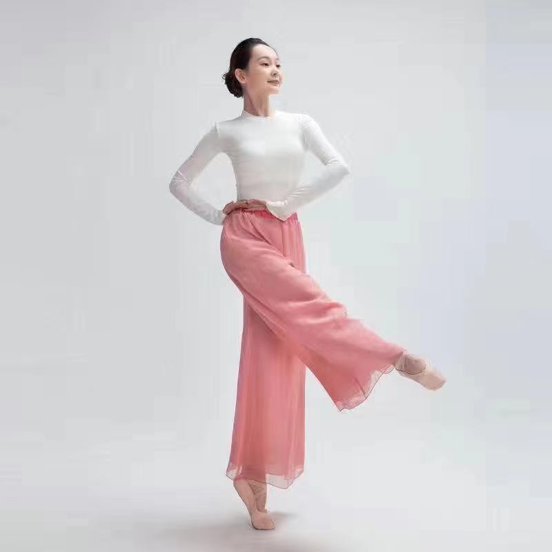 Frühling und Herbst Hohe Taille Chiffon Weitbein Hose Doppellagige Tanzhose Übungshose Große Schwunghose Rock Damen