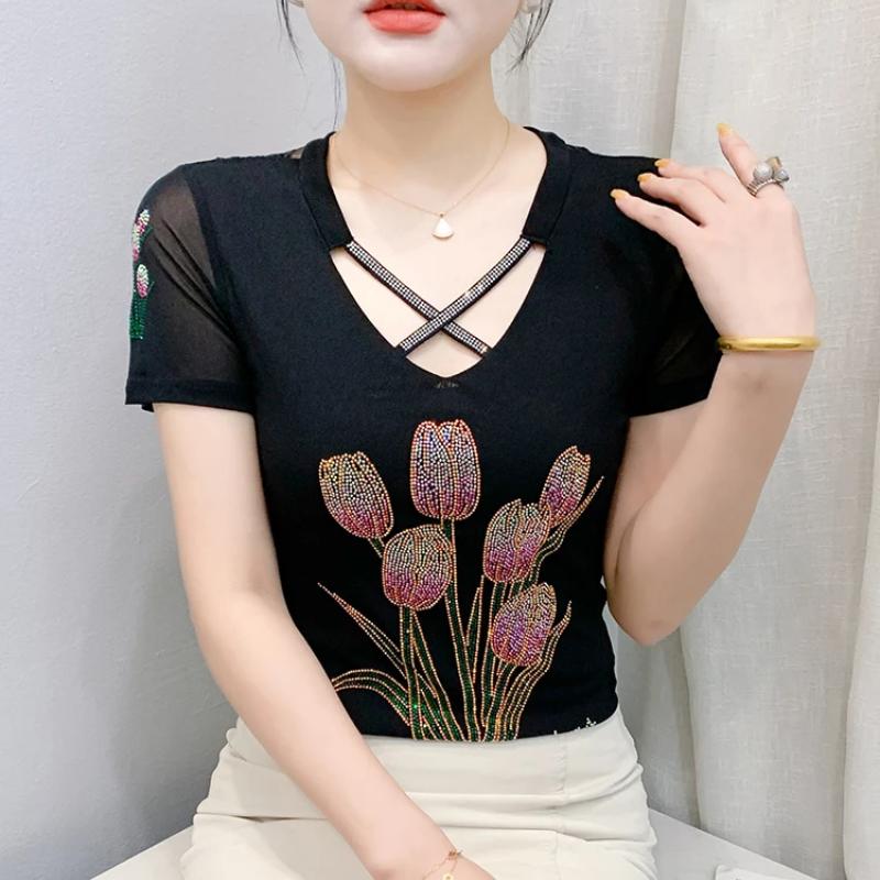 Summer New Fashion Korean Clothes Women's T-shirt Luxury Flower Hot Diamonds Tees Sexy Streetwear Girls Slim Short Sleeve Tops