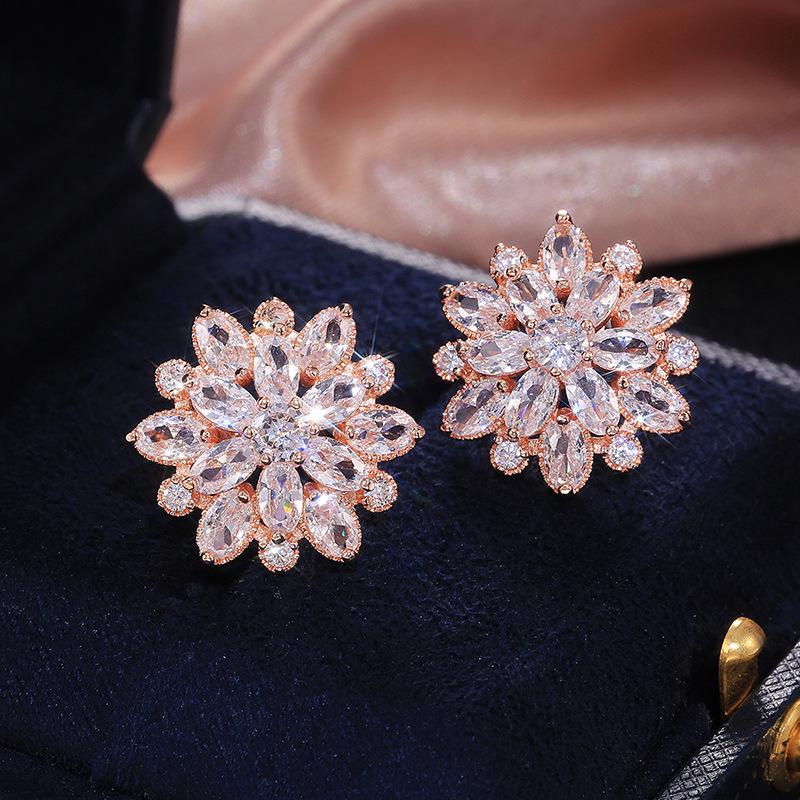 Luxury Sunflower Double-Layer Zircon Women's Stud Earrings - Fashionable Copper Jewelry Accessories