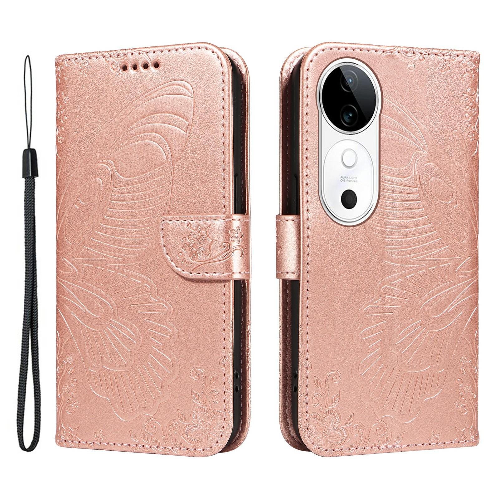 

For vivo S19 5G/V40 5G Case Wallet Flip Shockproof Floral Butterfly Leather Phone Cover Rose Gold