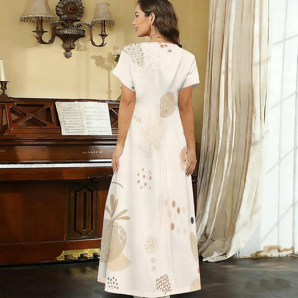 Women Plus Size V Neck Short Sleeve Printed Straight Maxi Dress