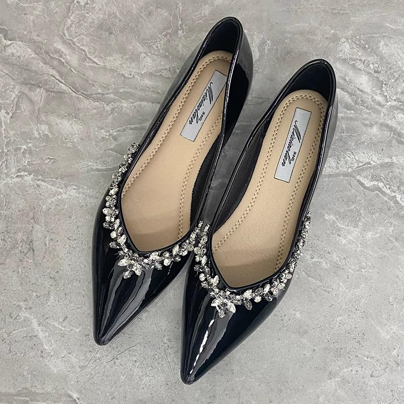 French temperament pointed patent leather rhinestone single shoes women's summer flat-soled shoes inner height increase gentle shallow mouth soft sole
