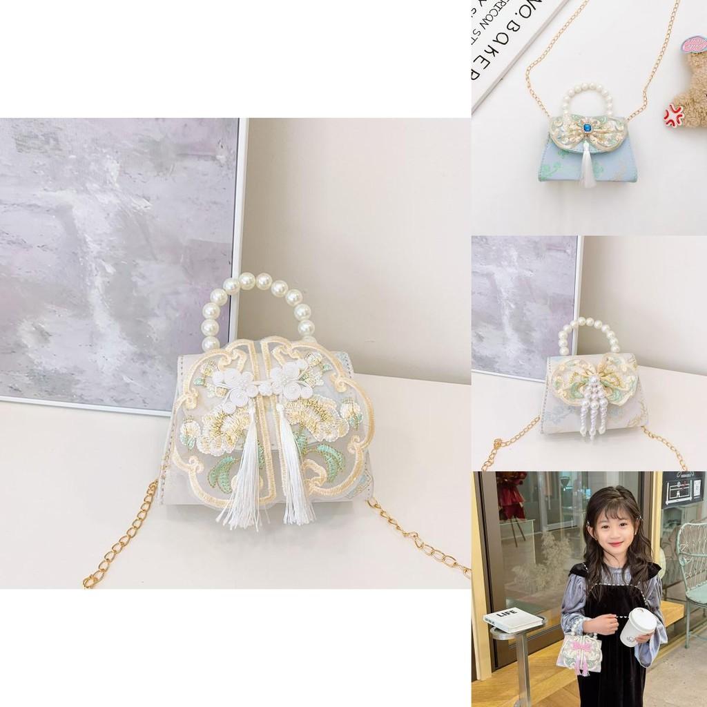 Lovely Geometric Patterned Shoulder Bag For Kids Featuring Chic Tassels And Elegant Pearls