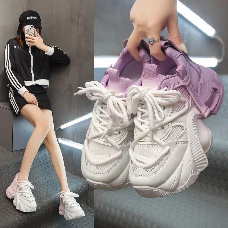 Thick-soled heightening 6 dad shoes women's single mesh breathable 2025 new lightweight casual sports shoes