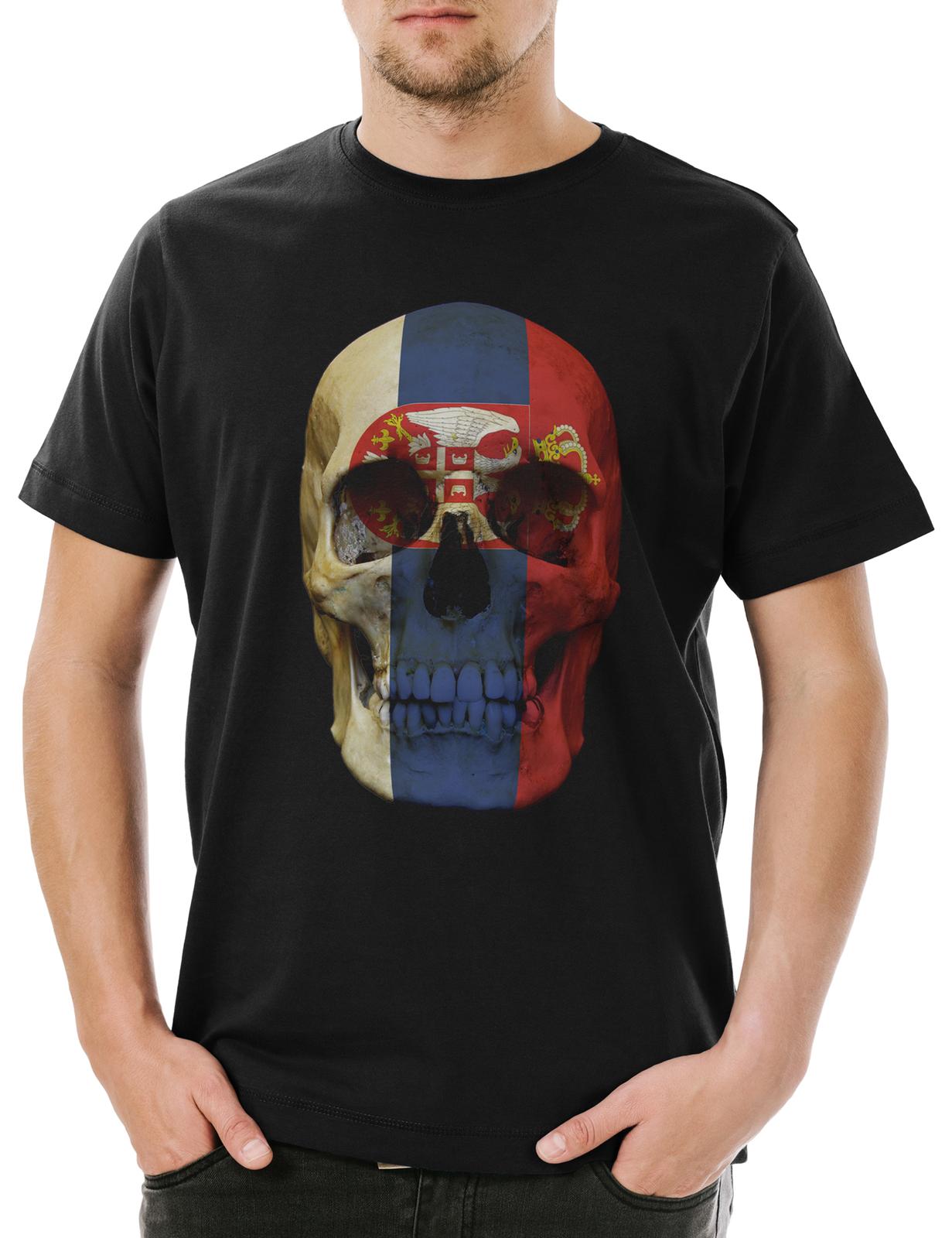Classic Serbia Skull Flag Men s T-Shirt Mens Womens Tees Top Skull Skull Serbia Banner Flag 4XL