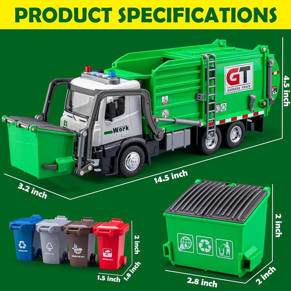Garbage Truck Toys for Boys, 12" Big Trash Truck with Lights and Sounds, Friction Powered Waste Management Recycling Toy Set with 4 Trash Cans and