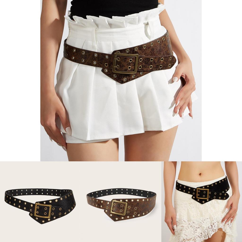 Vintage Street Style Pu Leather Belt For Women With Double Pin Buckle And Metal Rivets