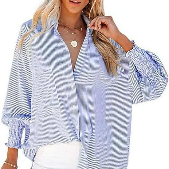 

Striped Long-Sleeve Loose Casual Women s Pocket Shirt XL