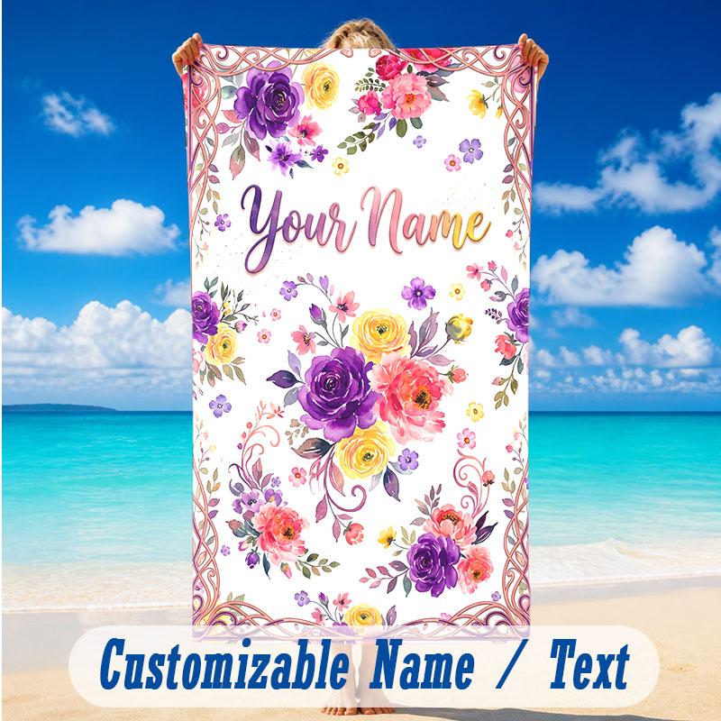 Floral Garden Theme Beach Towel Personalized Custom Name & Text Soft Quick Dry Beach Towel for Swimming Travel