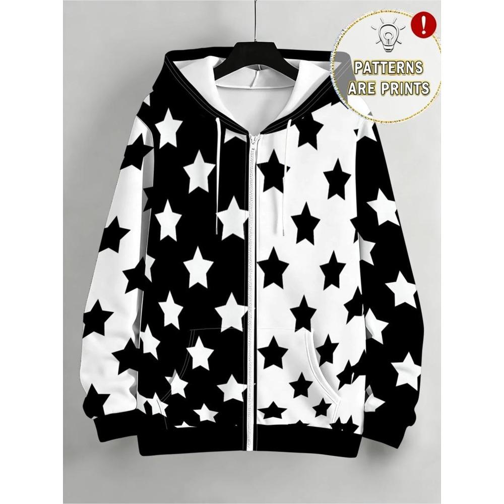 Plus Size Ladies Black and White Block Star Print Full Print Zip Hooded Sweatshirt, Loose