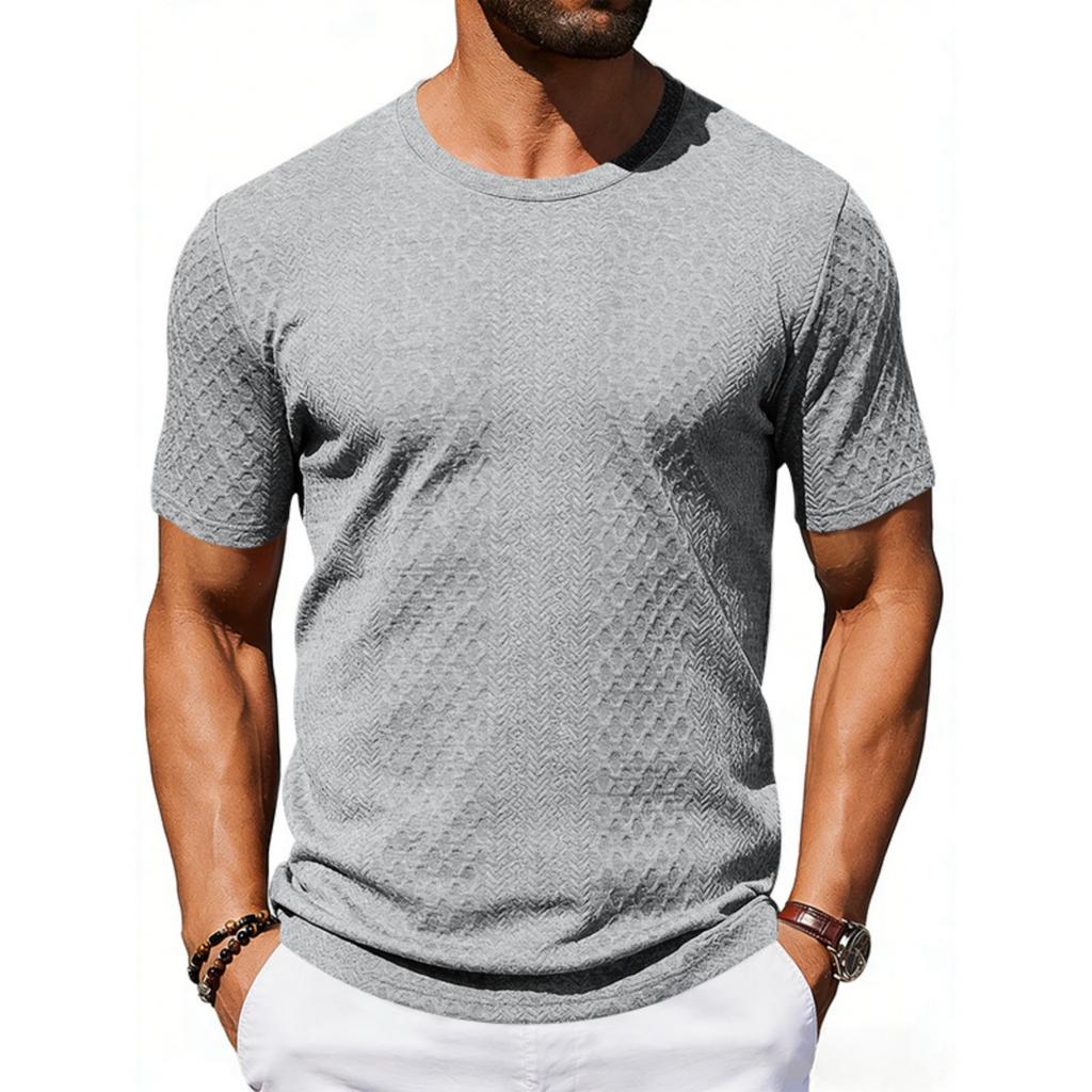 Men's Casual And Fashionable -color Textured T-shirt With Round Neck And Short Sleeves