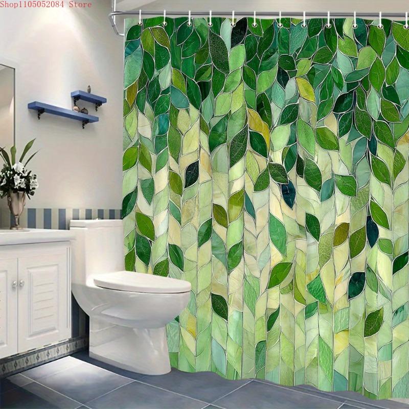1Pc Abstract Green Leaves Shower Curtain Vertical Mosaic - With Hooks Waterproof Mildew Proof Easy Install Washable