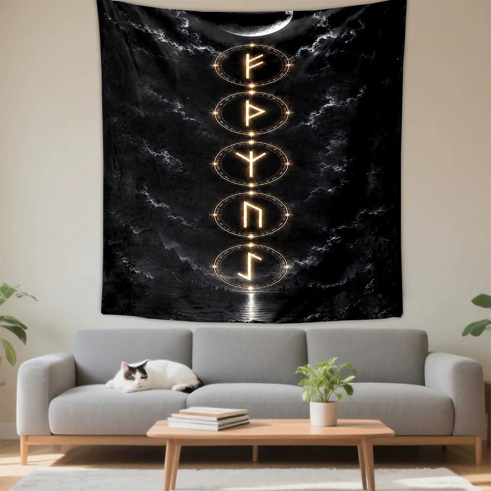Vertical Tapestry Norse Rune Circle Moon Night Mystical Wall Hanging Decor for Men Cave Spiritual Bedroom Pagan