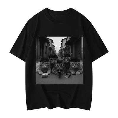 2025 Autumn and Winter American Men's and Women's Fun Cat Print T-shirt Pure Cotton Round Neck Comfortable High-quality T-shirt