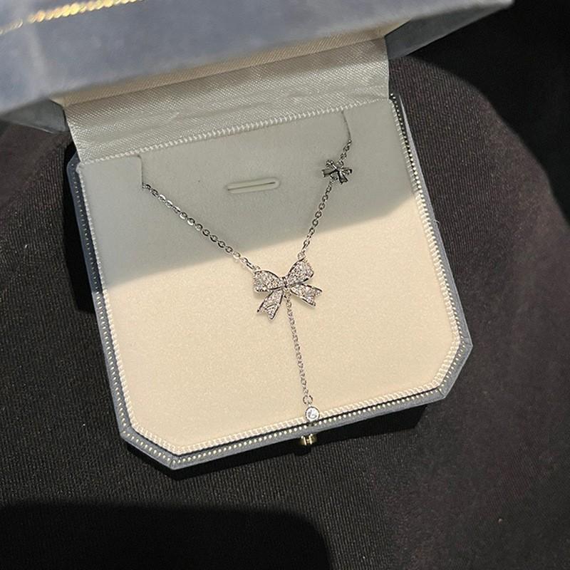 Silver Bow Knot Pendant Necklace Adjustable Y-Shaped Zircon Jewelry