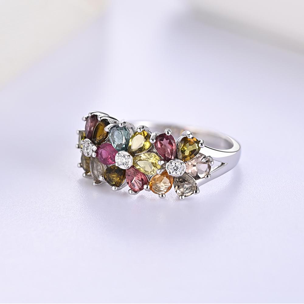 Natural Multi-Tourmaline Women Ring Flower Design 925 Sterling Silver Ring for Wedding Banquet Party Gift