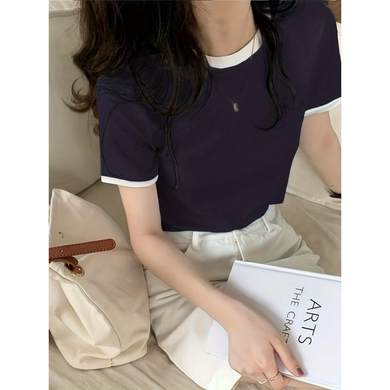 

Тонкая футболка с круглым вырезом, повседневные летние футболки с короткими рукавами и цветными блоками, топы, женская одежда XXL чёрный