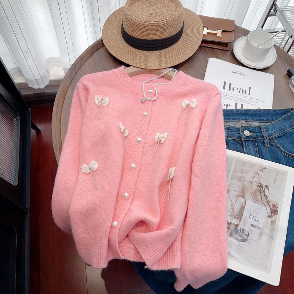 Fragrant Style Women's Bow Sweater Coat - Loose Round Neck Knitted Cardigan for Spring & Autumn 2025