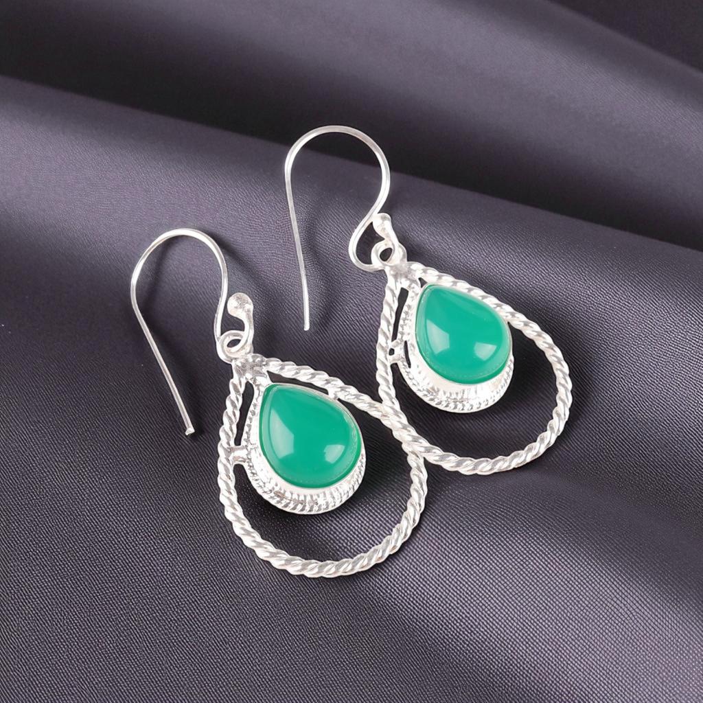 Rare Green Onyx Cab Gemstone 925 Sterling Silver Jewelry Handmade Earrings 1.70" EE-96-25