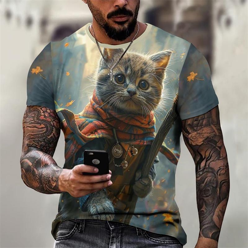 3D Printed Magical Poster Wizard Cat T Shirt For Men Funny Cute Animal Pattern T-Shirts Summer Short Sleeve Round Neck Tops Tees