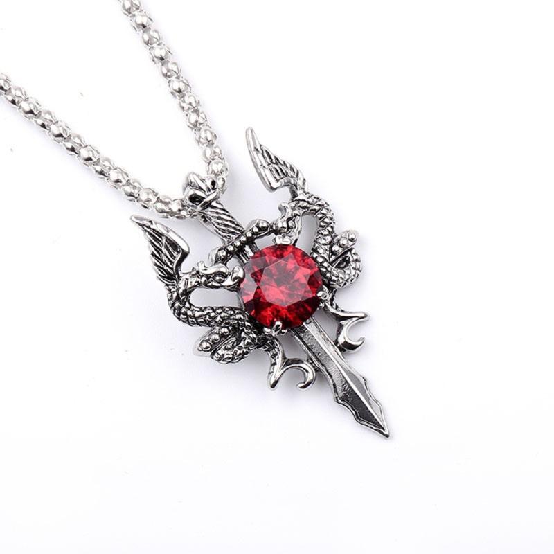 Vintage Dragon Amulet Necklace Double Dragon Sword Crucifix Crystal Pendant Punk Animal Dragon Jewelry Gift for Men Boys