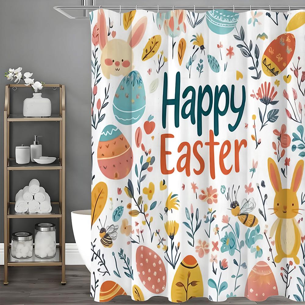 Happy Easter Bunny Floral Egg Shower Curtain, Bathroom Decorative Shower Curtain, Waterproof Shower Curtain with Hooks