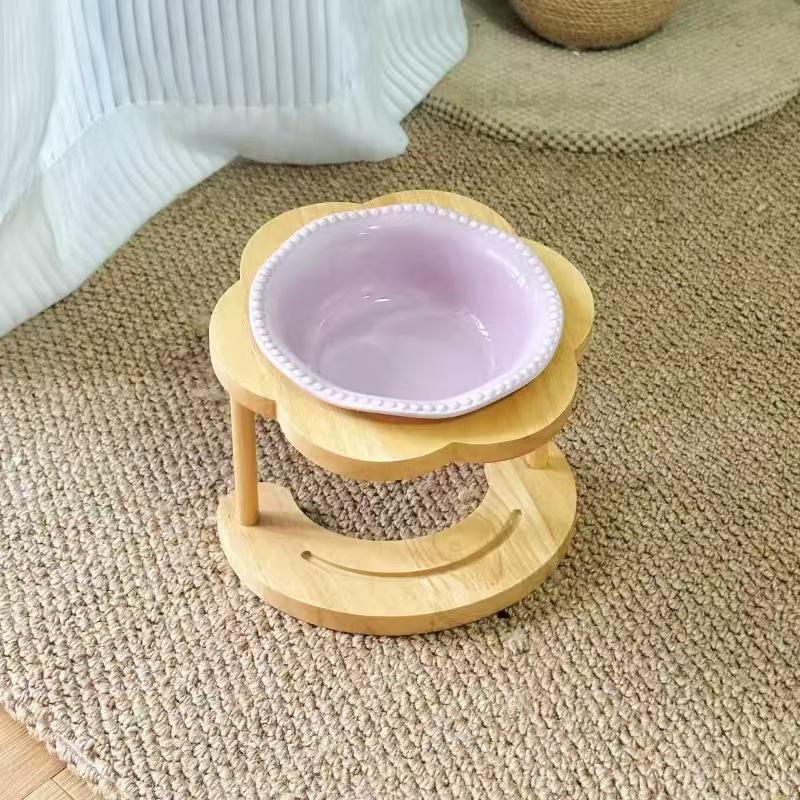 Elevated Ceramic Pet Bowl with Wooden Stand - Anti-Spill Cat Food Bowl & Dog Feeder, Neck-Protective Design for Cats and Dogs