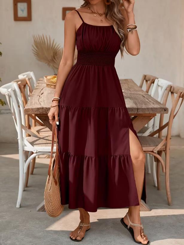 2026 Spring/Summer European & American Spaghetti Strap Layered Waist-cinching Solid Color Women's Long Dress