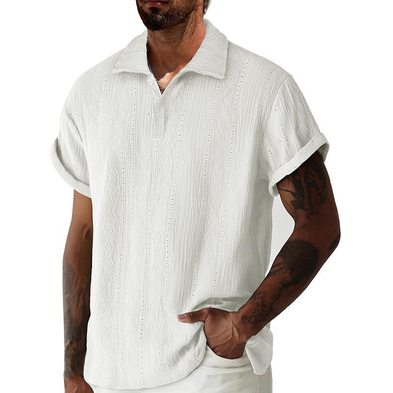 Summer Men Hollow Out Textured Polo Shirt Casual Roll Up Sleeve Top S белый