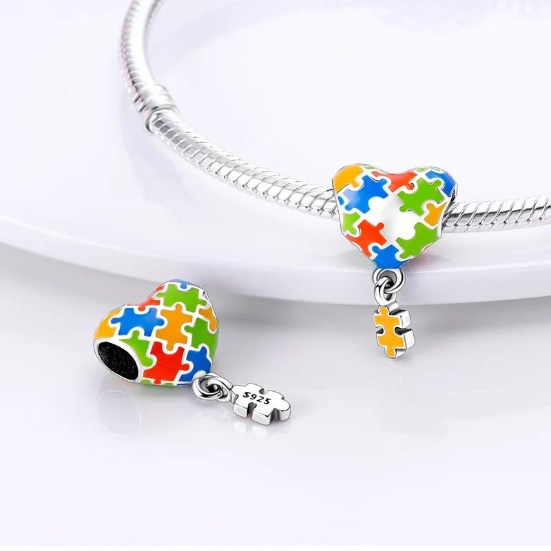 Charms Copper Plated Colorful Jigsaw Puzzle Heart-Shaped Beads Fit Original Bracelet Women Jewellery Making Gifts