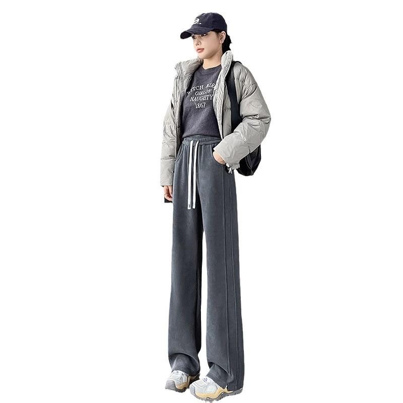Women's Lambswool Wide-Leg Sweatpants, Autumn/Winter Narrow Straight-Leg, Tall Plus Velvet, Extra Length, Outerwear Cotton Pants.