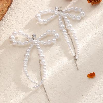 Retro Trend Imitation Pearl Earrings Niche Irregular Bow Chain Fringed Beaded Stud Earrings Women