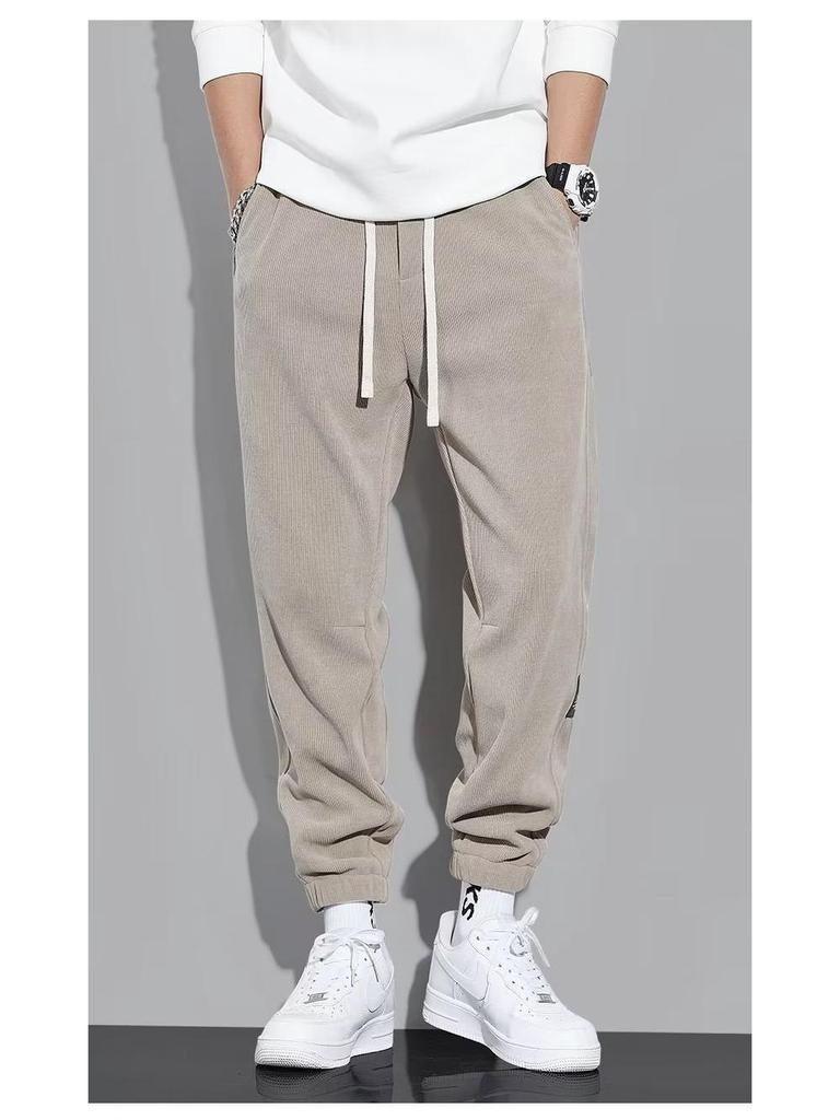 Men's Thickened Fleece-Lined Casual Pants, Drawstring Ankles, Loose Fit, Trendy Autumn/Winter 2023 Style.