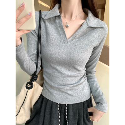 Gray Pure Lust Hottie Polo Lapel Long-sleeved Bottoming Shirt for Women 2024 Autumn and Winter Right Shoulder Tight Inner Top