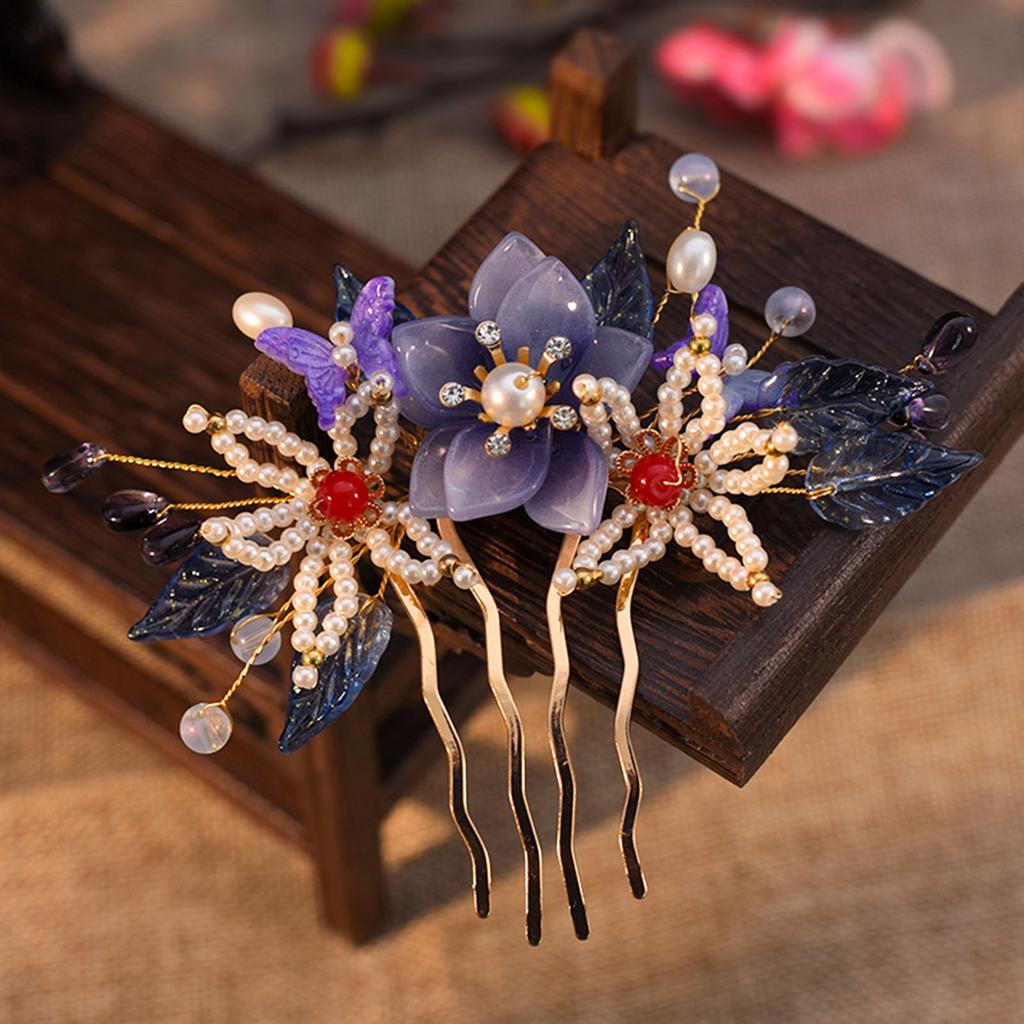 Vintage Blumenhaarnadel für Damen Elegant Gaze Pfingstrose Pfirsichblüte Rose Saison Haarkamm Exquisites chinesischer Stil Haaraccessoire