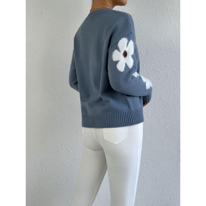 Women's Fashion Casual Fall Winter Flower Pattern Print Long Sleeve O-Neck Sweaters