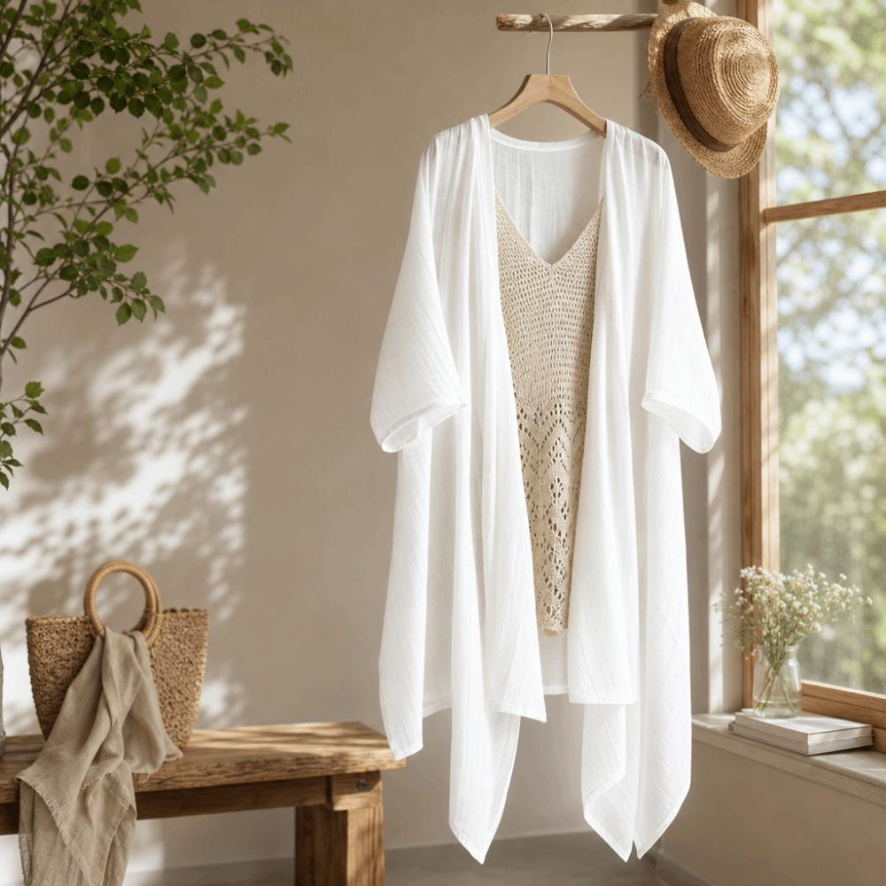 Short Sleeved Long Shawl Loose Beach Top Breathable Linen Cardigan  Summer Wear