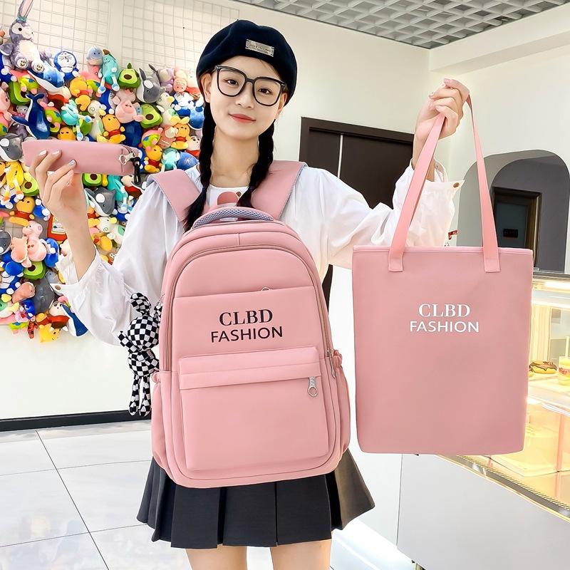

Backpack, new backpack, high school campus, large-capacity load reduction, ultra-light three-piece set, student schoolbag fashion рожевий