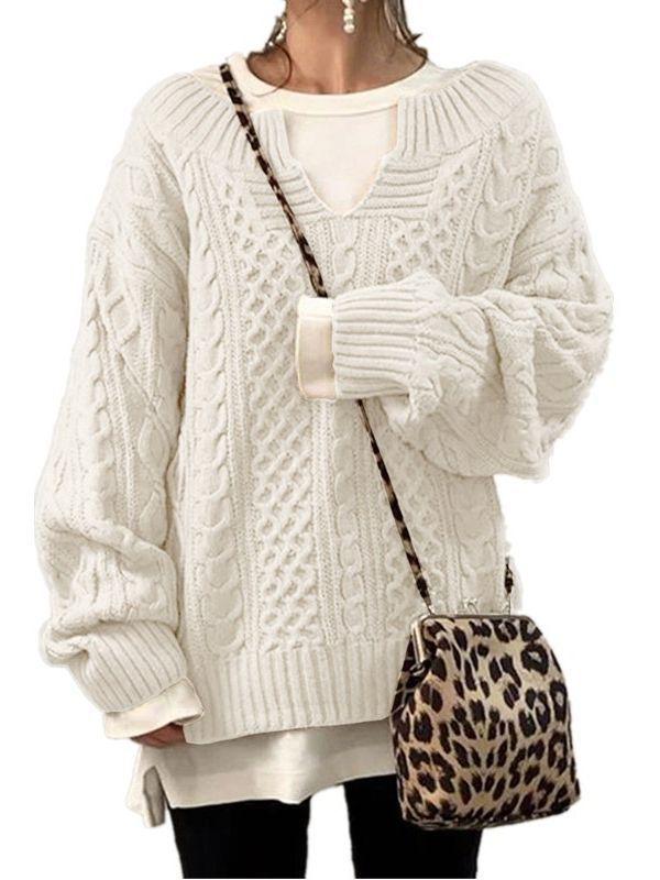 Brown Cable Knit V-Neck Loose Fit Long Sleeve Sweater
