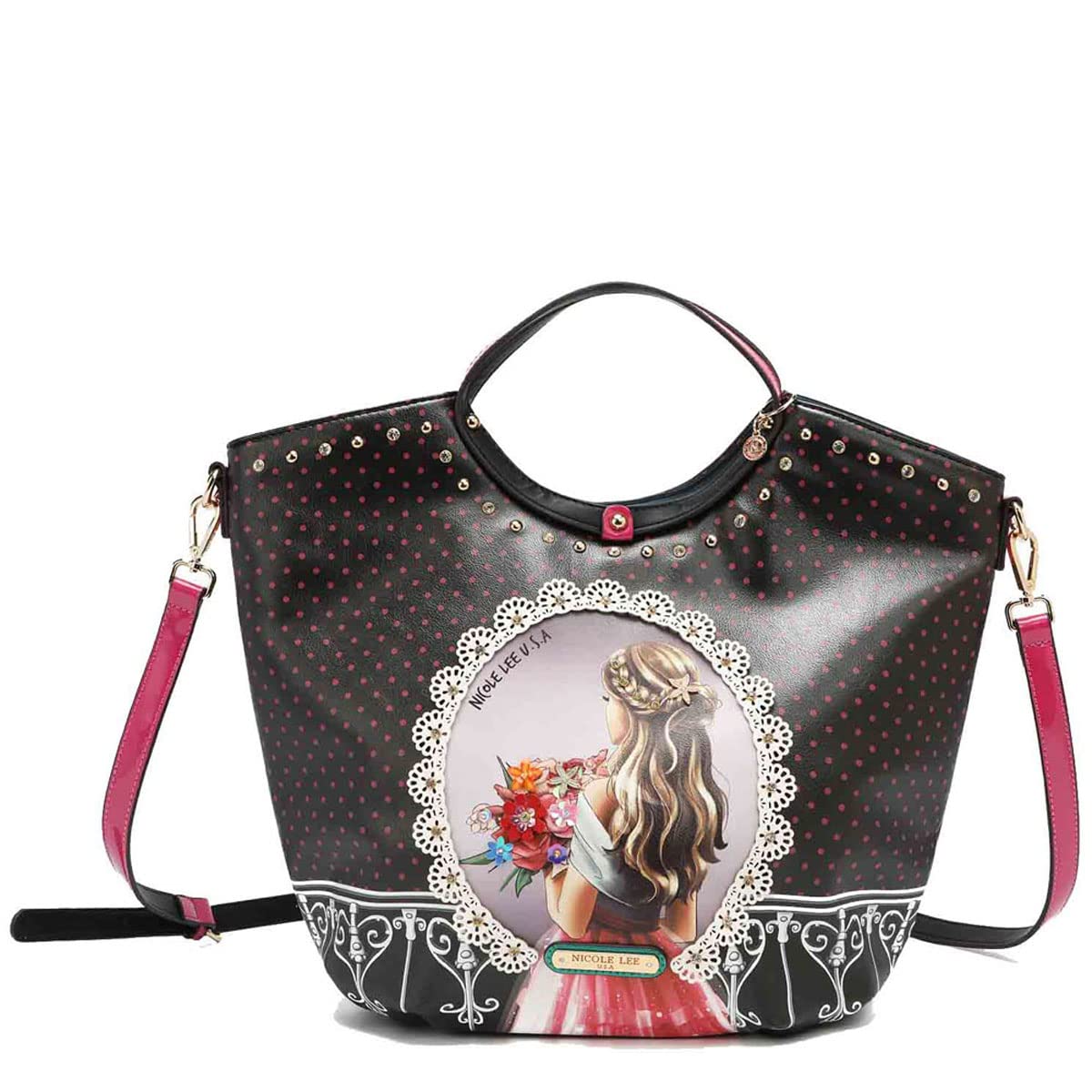 

NICOLE LEE WY16076 WAITING FOR YOU Black Pink Round Handle Handbag Basket Shape Shoulder Vegan Leather Vegan Flower Bouquet Girl Large SDGs