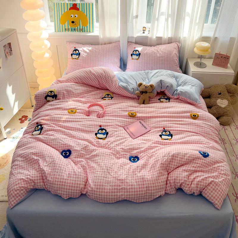 Applique Embroidery Ins Towel Embroidery Washed Cotton Four-piece Quilt Cover Bed Sheet Dormitory Three-piece Bedding Set Bed Sheet Quilt Cover