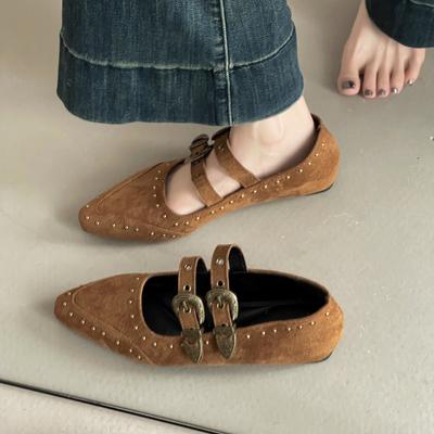 Retro puntige Mary Jane schoenen met één gesp herfstmode Frans designgevoel klinknagel sleehak enkellaarsjes damesschoenen