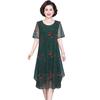 Mother Midi Dress Flower Print Double Layers Irregular Hem Round Neck Short Sleeves Mid-calf Length Thin Soft Plus Size Lady Dress