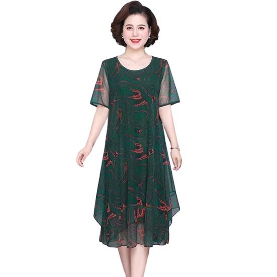 

Платье миди для мамы, двухслойное платье с цветочным принтом, неровный подол, круглый вырез, короткие рукава, тонкое, мягкое женское платье больших размеров, длиной до середины икры XL зелёный